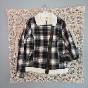 Sonoma Women's black white plaid sherpa motorcycle jacket Large
